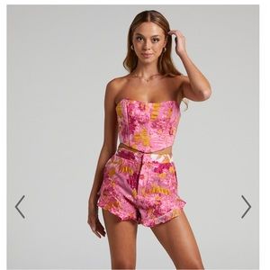 Showpo Brailey Pink Jacquard 3 piece Set: 2 tops and Frill Hem Shorts XS